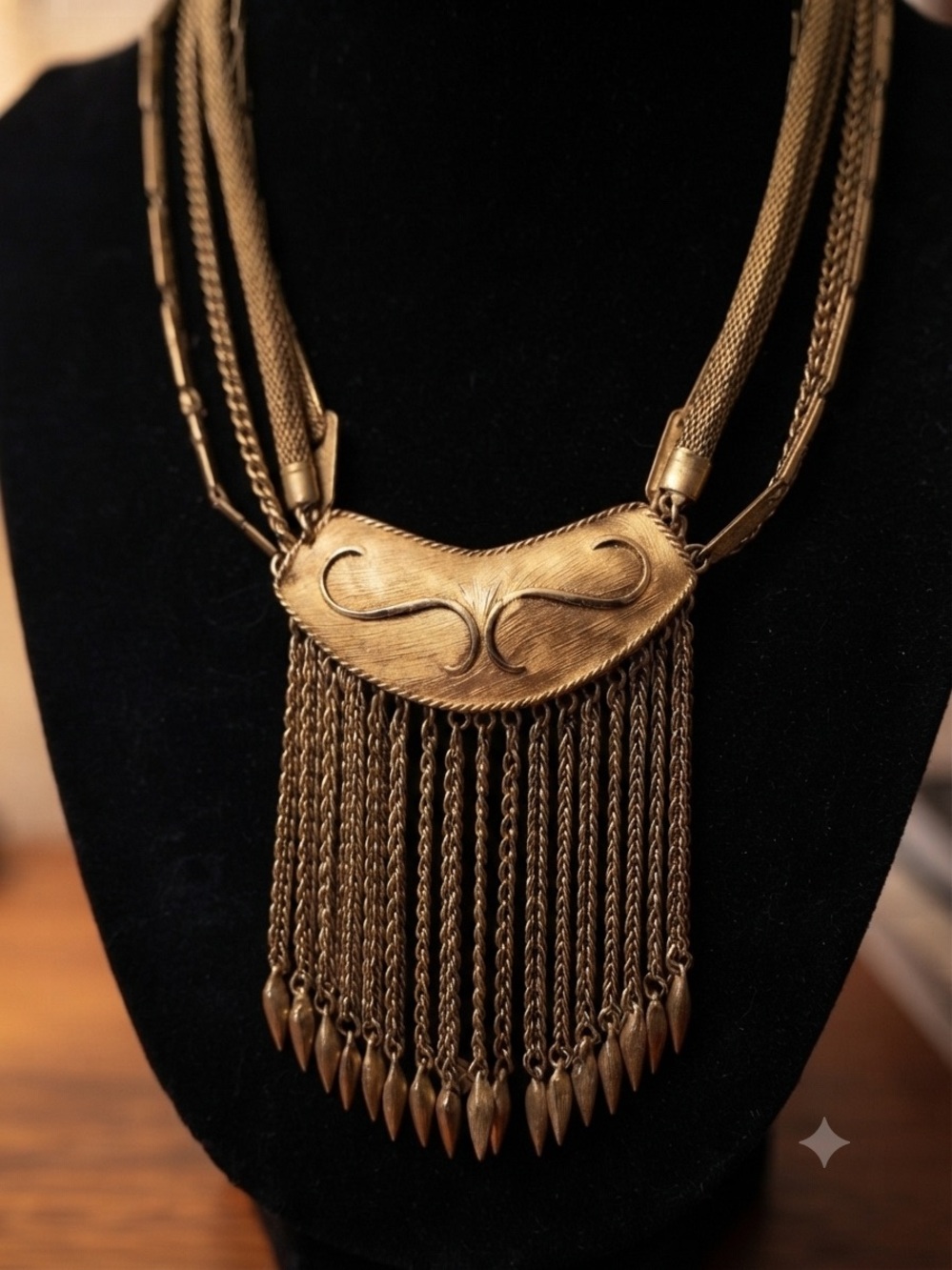 MCM 1950s vintage designer TAN , Gold-Tone Multi-Chain Fringe Statement Necklace - Picture 5 of 7